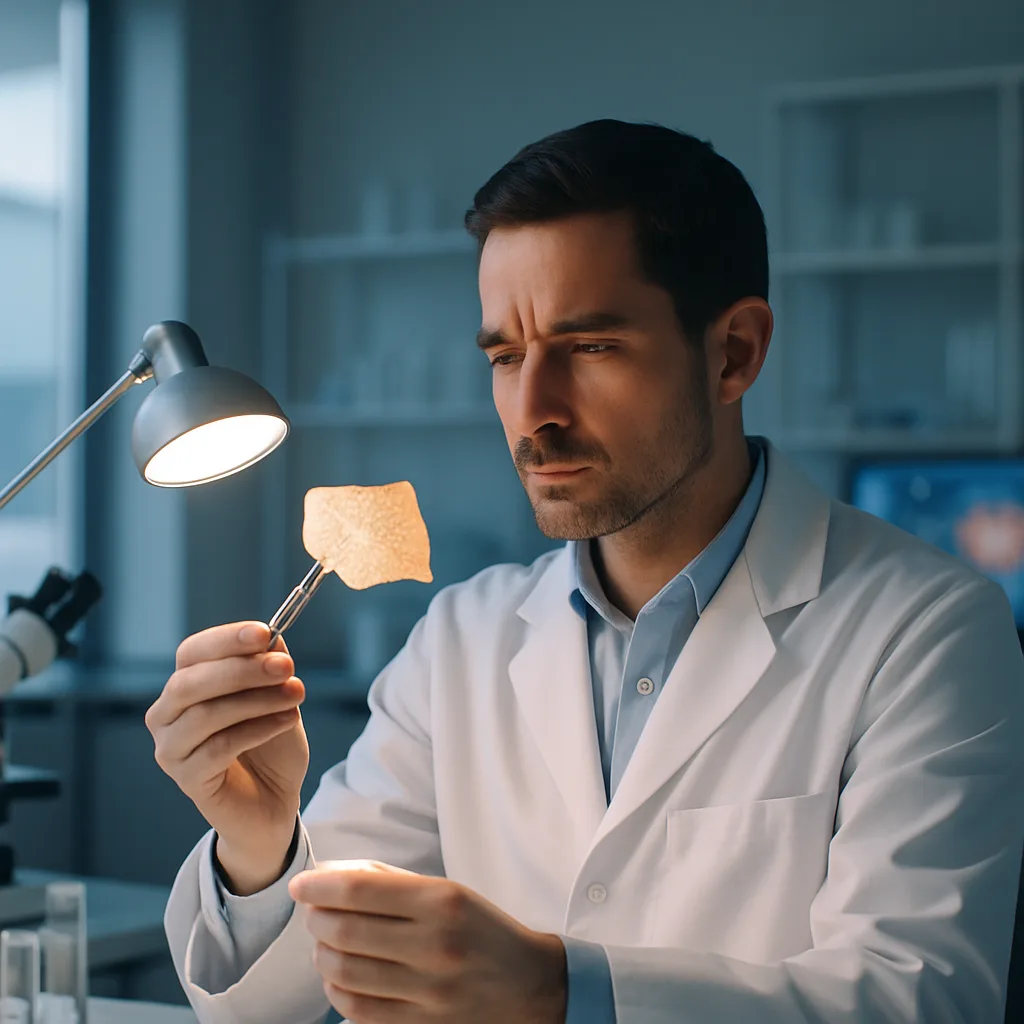 Researcher examining a biomaterial sample in a clinical laboratory