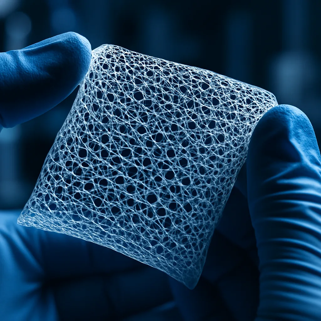 Surgeon holding advanced tissue matrix biomaterial in clinical lab